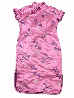 Pink Satin Floral Mandarin Collar Midi Dress